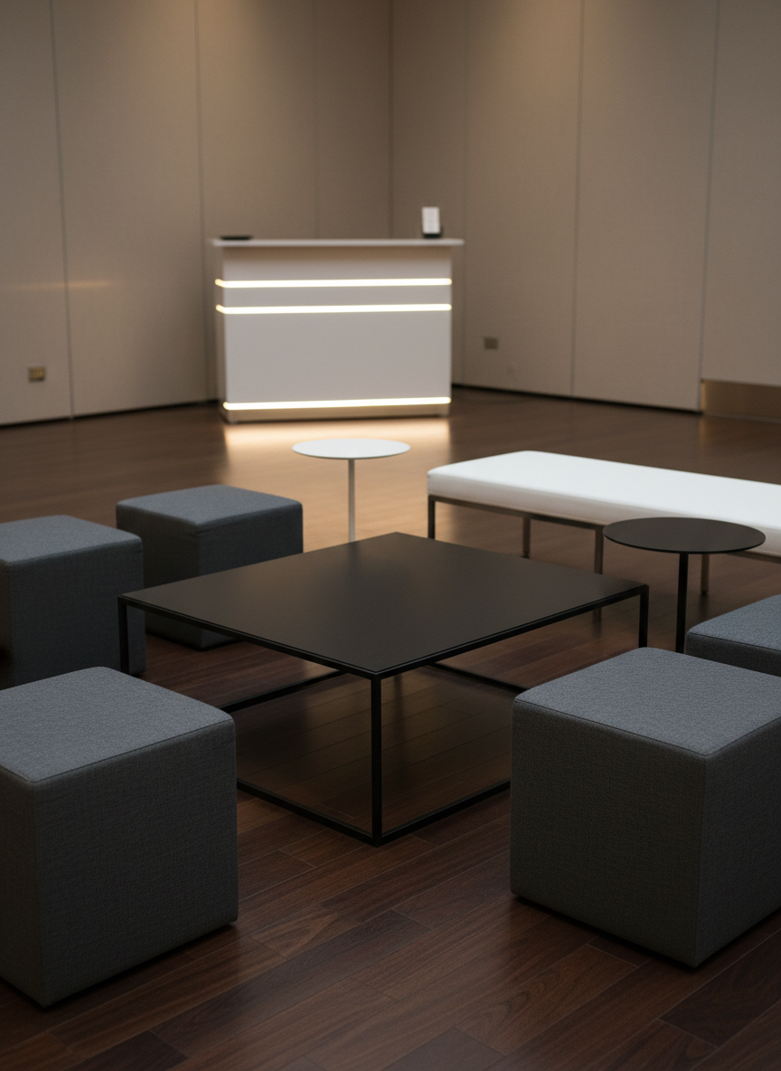 A stylish lounge zone configuration using only rental elements, arranged on a smooth, dark wooden floor in a neutral indoor space. Central to the composition is a low, rectangular coffee table with a matte black surface and slim metal frame, surrounded by an assortment of coordinated seating: cube ottomans in charcoal fabric, a sleek white bench with a firm cushion, and two minimalist side tables with round tops. In the back, a compact bar counter in matte white with subtle LED light lines creates a discrete service point. Directional overhead lighting and a soft side fill produce gentle highlights on edges and subtle gradients on fabric textures. Shot from a slightly elevated angle with moderate depth of field, the scene feels intimate yet orderly. The photographic realism and restrained color palette project a professional, contemporary atmosphere, perfect for corporate lounges or networking areas.
