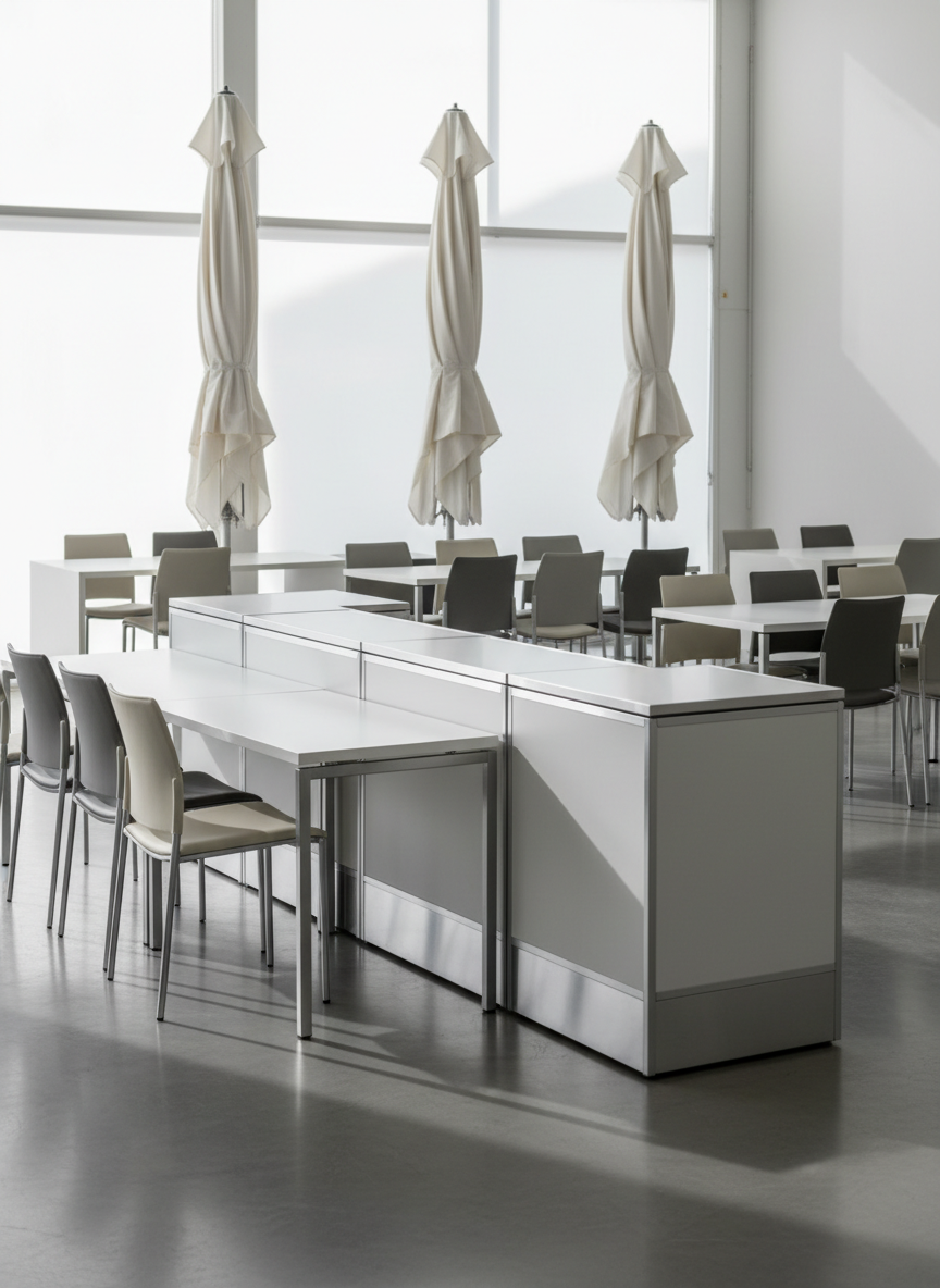 A meticulously arranged selection of sleek event furniture displayed in a bright, contemporary showroom. A long, matte-white modular bar with brushed aluminum accents stands in the foreground, flanked by rows of elegant stacking chairs in neutral tones and minimalist rectangular tables with pristine tabletops. In the background, tall parasols with clean, taut fabric canopies are partially open, suggesting outdoor versatility. Soft, diffused daylight enters from large unseen windows, creating gentle reflections on metal surfaces and subtle shadows on the polished concrete floor. Photographed at eye level with sharp focus throughout, the composition feels spacious, ordered, and professional. The photographic realism, clean lines, and restrained color palette convey reliability, high quality, and a modern, business-oriented atmosphere ideal for showcasing event furniture rentals.