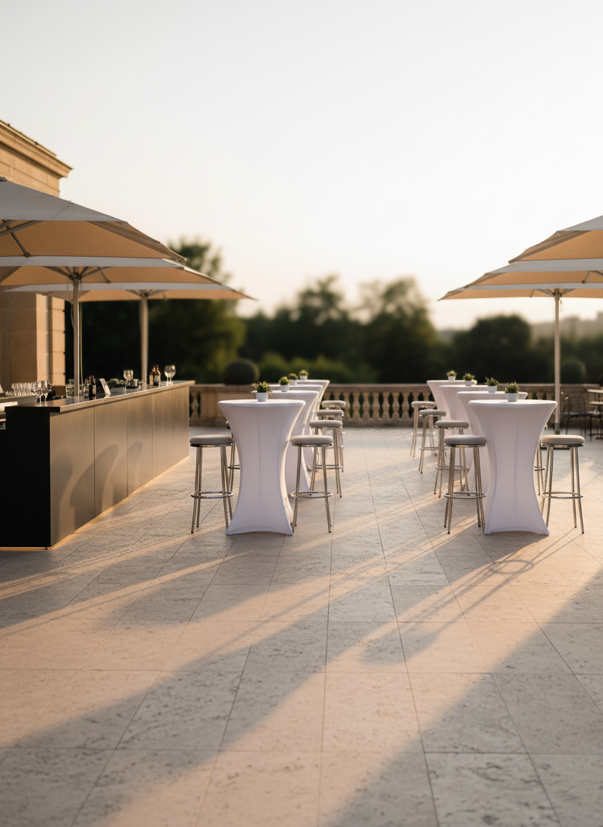 A refined outdoor reception setup featuring coordinated rental furniture on a smooth stone terrace. In the center, a series of high cocktail tables with flawless white stretch covers stand in a precise grid, each paired with polished chrome barstools topped with upholstered seats in light gray. Along the side, a straight, modular bar in matte black with integrated LED underlighting anchors the scene, while several large neutral-toned parasols rise above, their fabric perfectly tensioned. Soft golden-hour sunlight washes across the arrangement, casting long, clean shadows and a warm glow on the stone. Shot from a slightly elevated angle with balanced composition, the background falls into a gentle bokeh of greenery and architecture. The photographic style is clean and modern, evoking a professional, elegant, and ready-for-use ambiance for corporate events or upscale receptions.