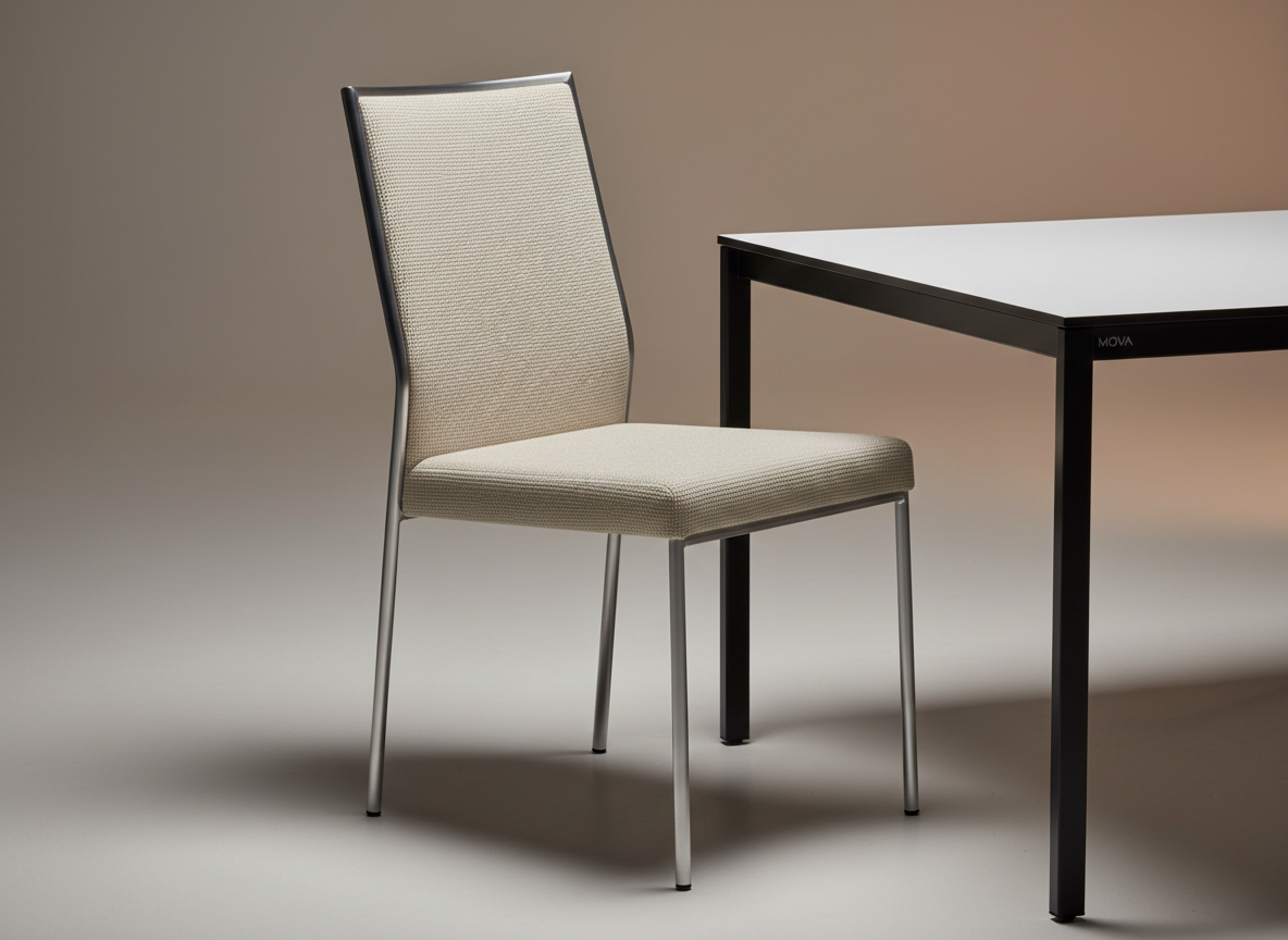 A detailed close-up of a premium event chair and table pairing presented in a controlled studio environment. The chair features a finely brushed metal frame with a slim profile and a tightly upholstered seat in textured light beige fabric, positioned at a slight angle beside a rectangular table with a perfectly smooth, matte-white top and slim black steel legs. The background is a soft gradient of warm gray, unobtrusive yet sophisticated. Soft studio lighting from the left creates delicate highlights on the metal and subtle shadows beneath the furniture, emphasizing form and craftsmanship. Captured at eye level with a shallow depth of field, the foreground elements are in crisp focus while the background gently blurs. The photographic style is clean, modern, and professional, ideal for showcasing the quality and finish of MOVA’s individual rental pieces in a catalog or product-focused section.