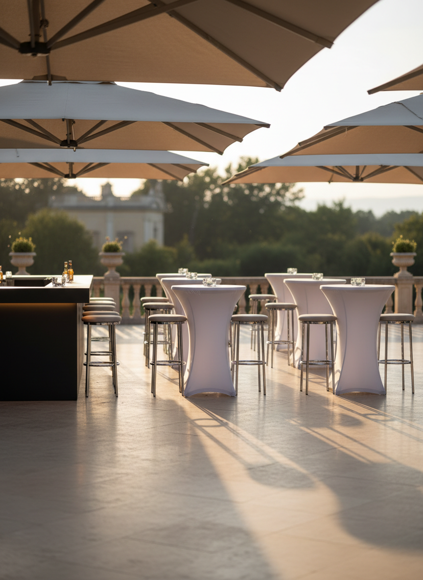 A refined outdoor reception setup featuring coordinated rental furniture on a smooth stone terrace. In the center, a series of high cocktail tables with flawless white stretch covers stand in a precise grid, each paired with polished chrome barstools topped with upholstered seats in light gray. Along the side, a straight, modular bar in matte black with integrated LED underlighting anchors the scene, while several large neutral-toned parasols rise above, their fabric perfectly tensioned. Soft golden-hour sunlight washes across the arrangement, casting long, clean shadows and a warm glow on the stone. Shot from a slightly elevated angle with balanced composition, the background falls into a gentle bokeh of greenery and architecture. The photographic style is clean and modern, evoking a professional, elegant, and ready-for-use ambiance for corporate events or upscale receptions.